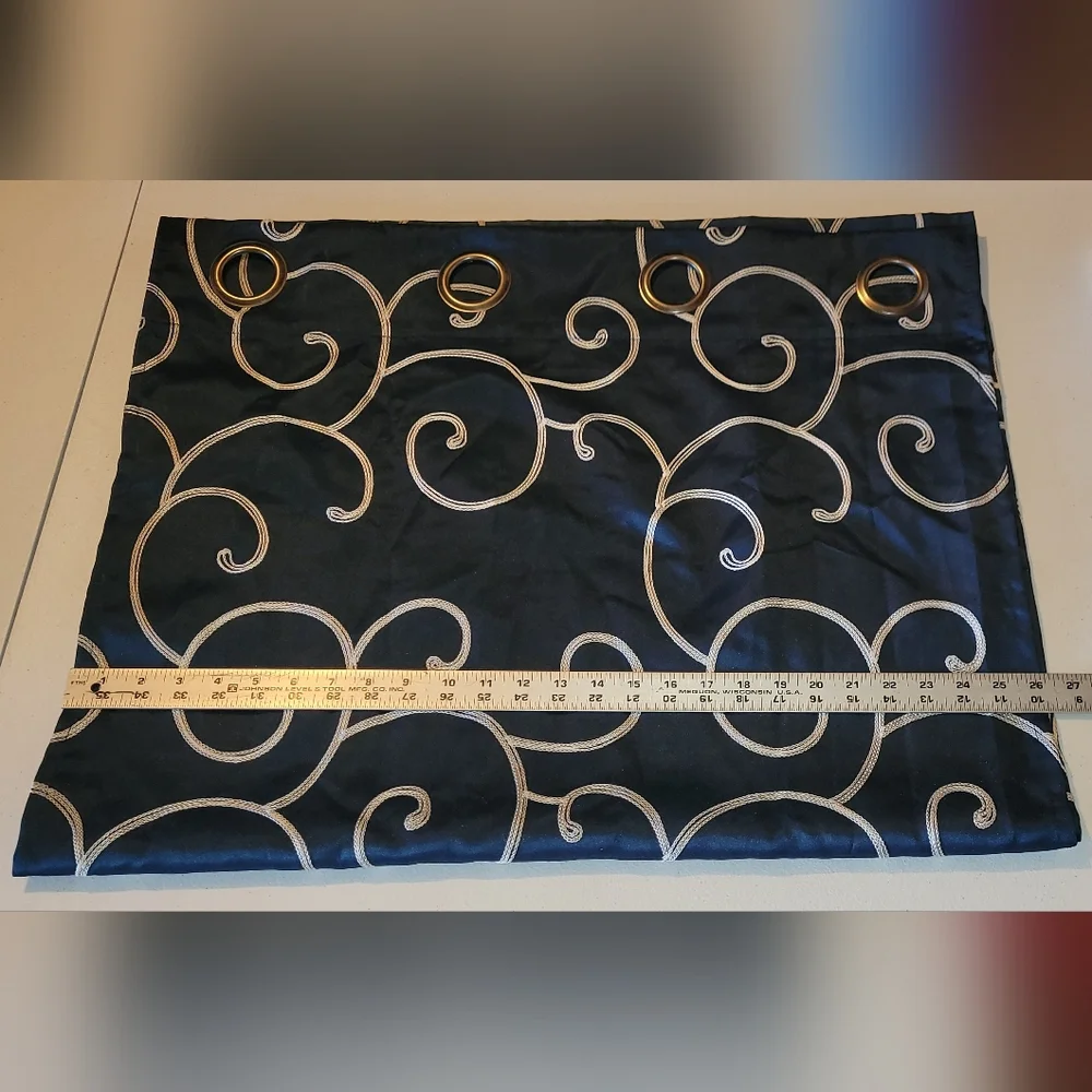 4 Navy Blue Satin Curtain Panels with Cream White Swirl Design, 26×84
